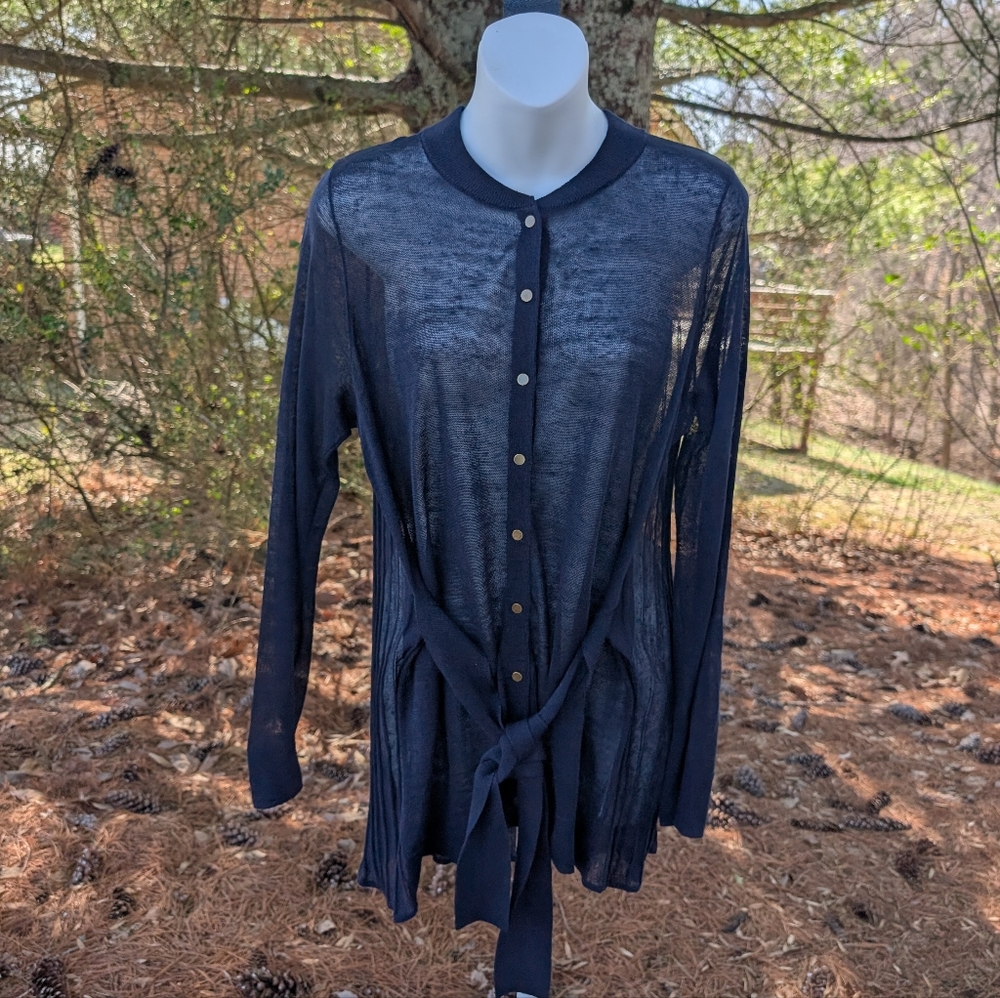 Per Se Carlisle Navy Linen Polyamide Button Wrap Semi Sheer Cardigan Small